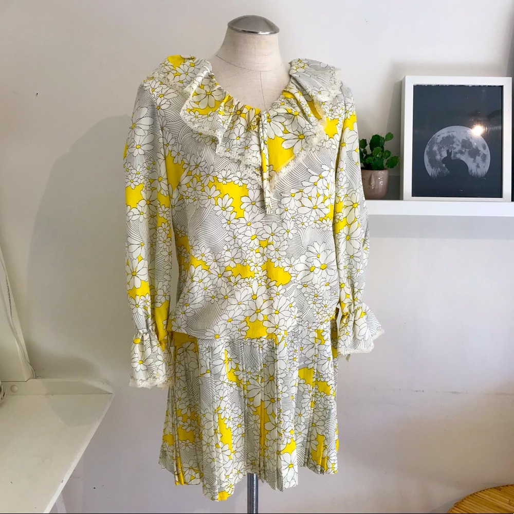 1960s Floral Ruffled Mini Dress, Nu-Mode, Yellow/White, Pleated, Size Small